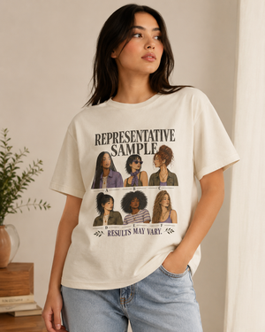 Woman wearing the Representative Sample graphic T-shirt by Made Her Way in a natural color