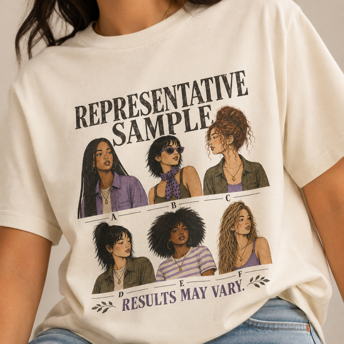 Close-up of Representative Sample graphic tee featuring six illustrated women and Results May Vary text