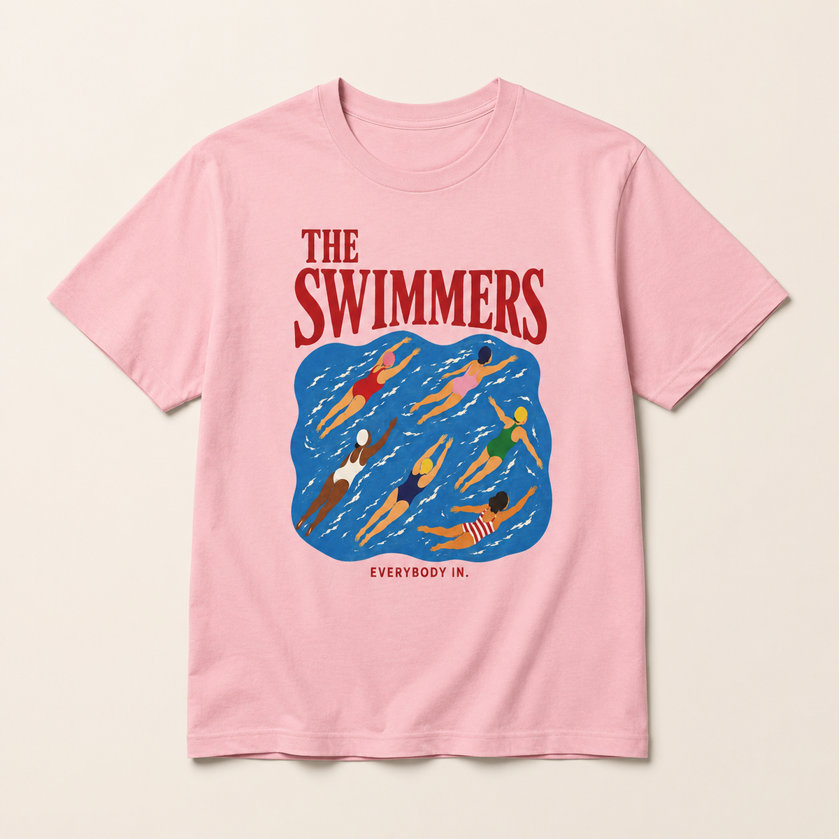 The Swimmers pink graphic T-shirt with vintage-inspired pool illustration