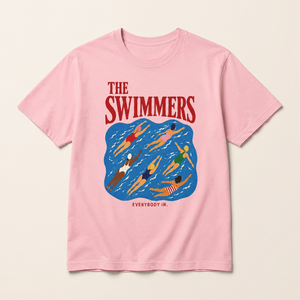 The Swimmers pink graphic T-shirt with vintage-inspired pool illustration