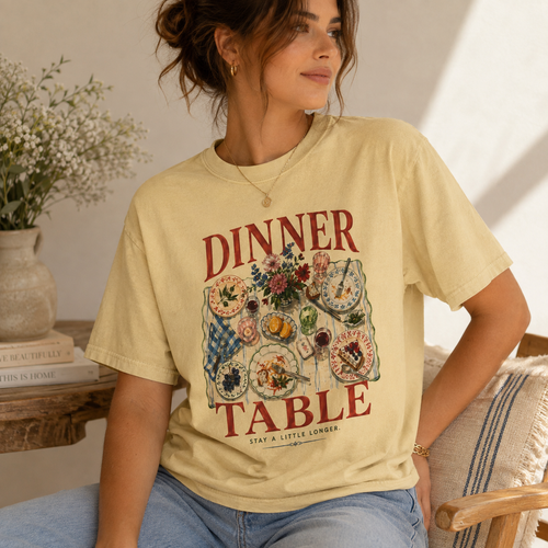 Woman wearing Dinner Table yellow graphic T-shirt by Made Her Way