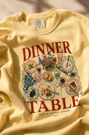 Dinner Table yellow graphic tee with vintage-inspired dinner illustration